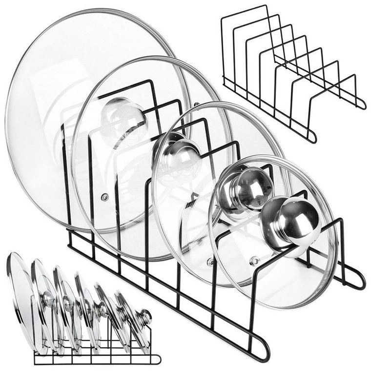 Vilde, stojak na pokrywki i talerze, metalowy, czarny, 34-18-18 cm
