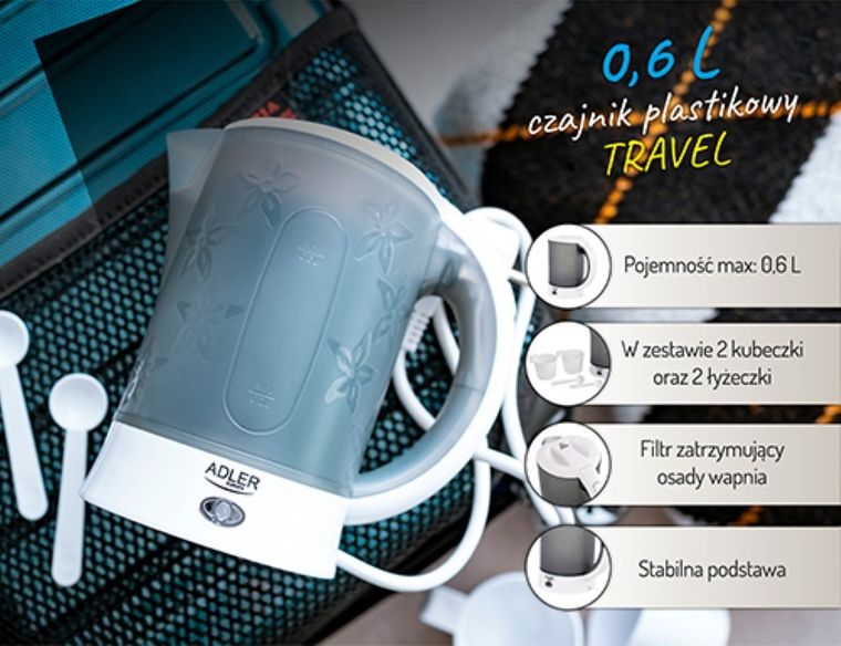 Adler, czajnik elektryczny, plastikowy, 0,6 l, 600W, AD 1268