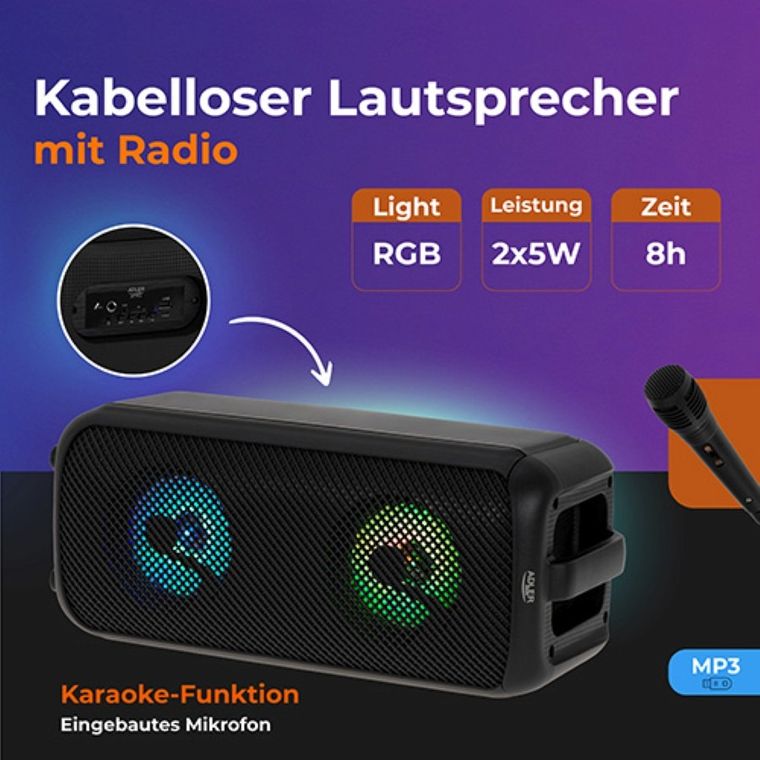 Adler, głośnik bluetooth z radiem i funkcją karaoke