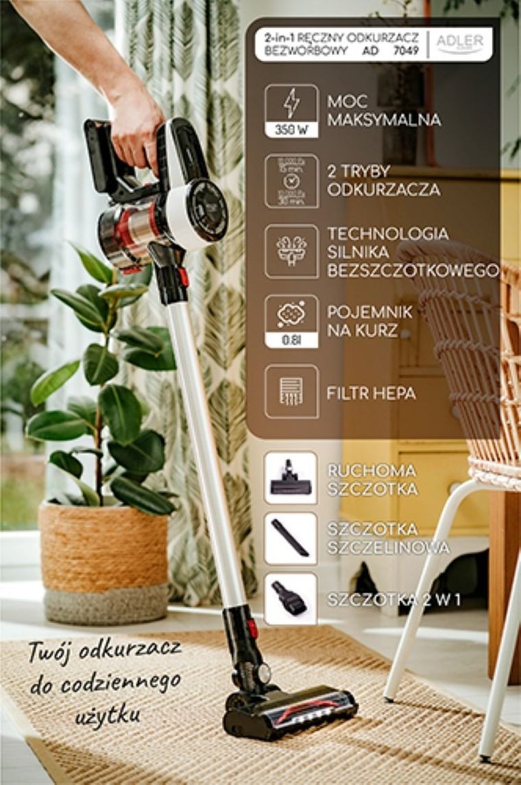 Adler, odkurzacz bezworkowy z bezszczotkową technologią silnika, AD 7048