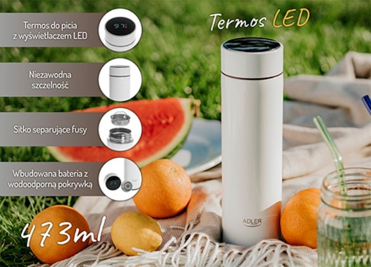 Adler, termos LED, biały, 473 ml