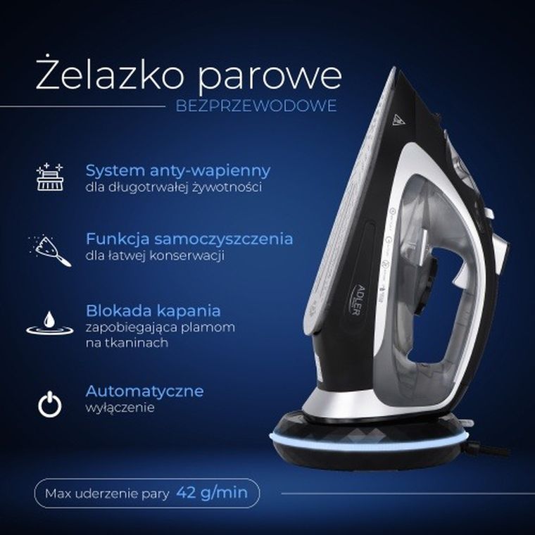 Adler, żelazko parowe, bezprzewodowe