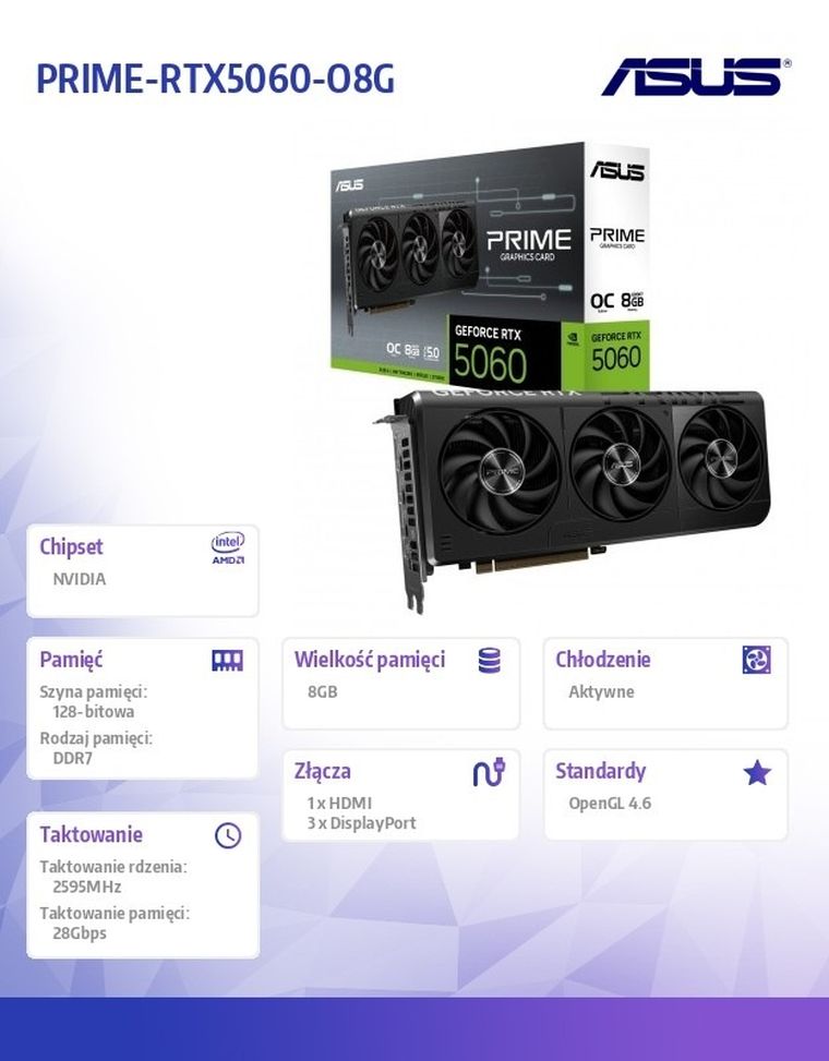 Asus, karta graficzna, GeForce RTX 5060 PRIME OC 8GB GDRR7 128BIT HDMI/3DP