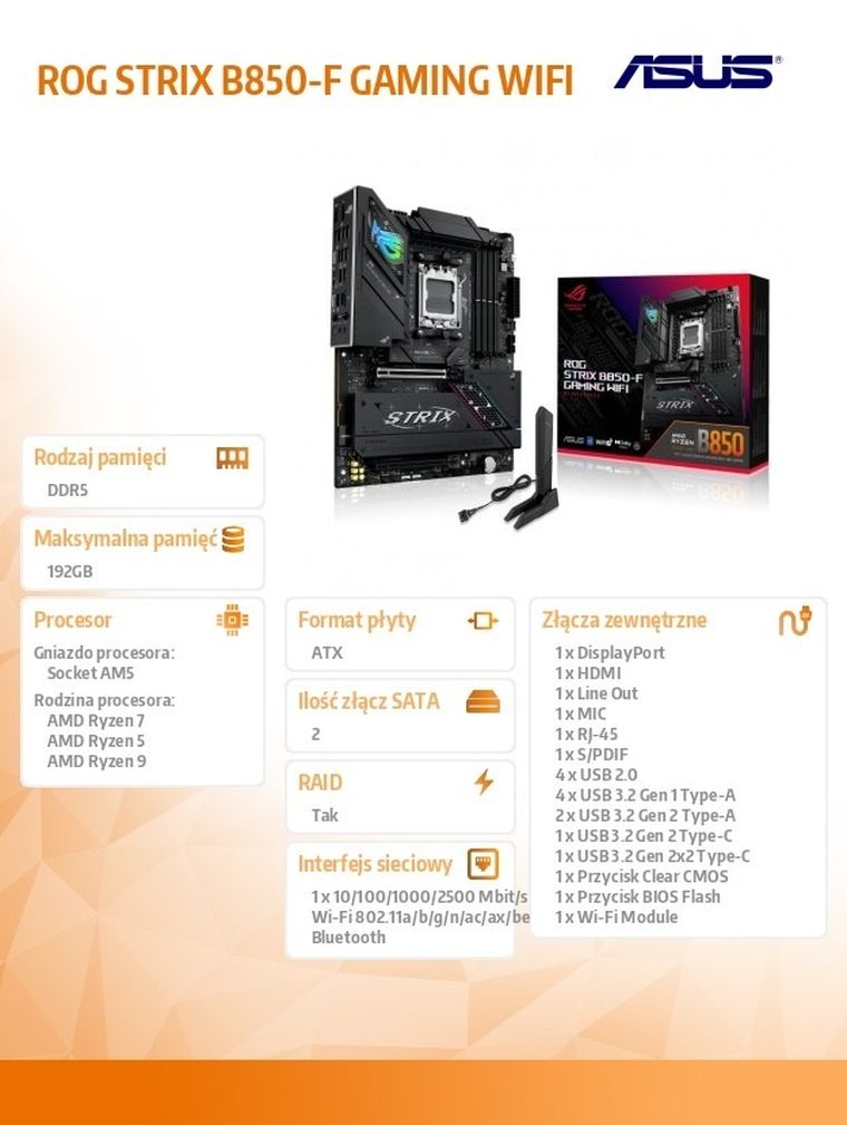 Asus, płyta główna, ROG STRIX B850-F GAMING WIFI