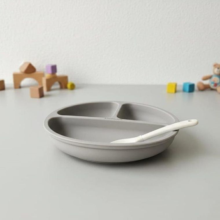 Bocioland, silikonowy talerzyk z przyssawkami i przegródkami, jasny szary