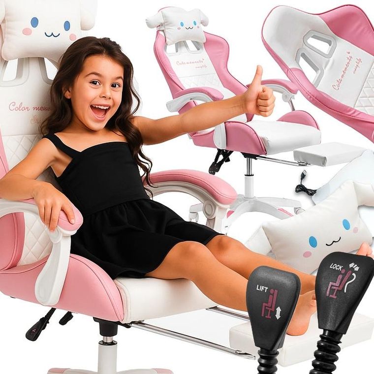 Dziecięcy fotel gamingowy z wysuwanym podnóżkiem, różowy