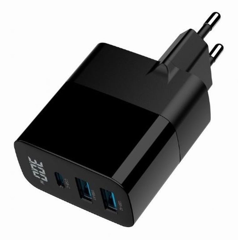 Gembird, szybka ładowarka sieciowa, 3-portowa, USB-A + USB TYP-C, 30W, LCD, czarna
