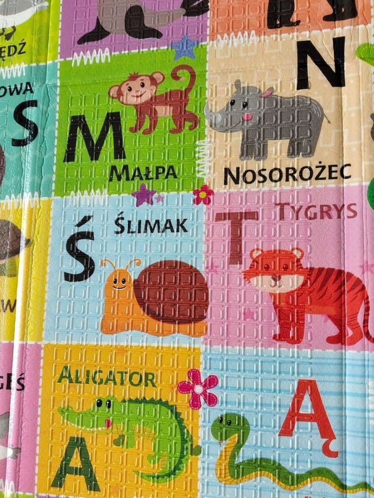 Humbi, dwustronna mata edukacyjna z pianki XPE, polski alfabet, kontrastowe obrazki, 120-180 cm