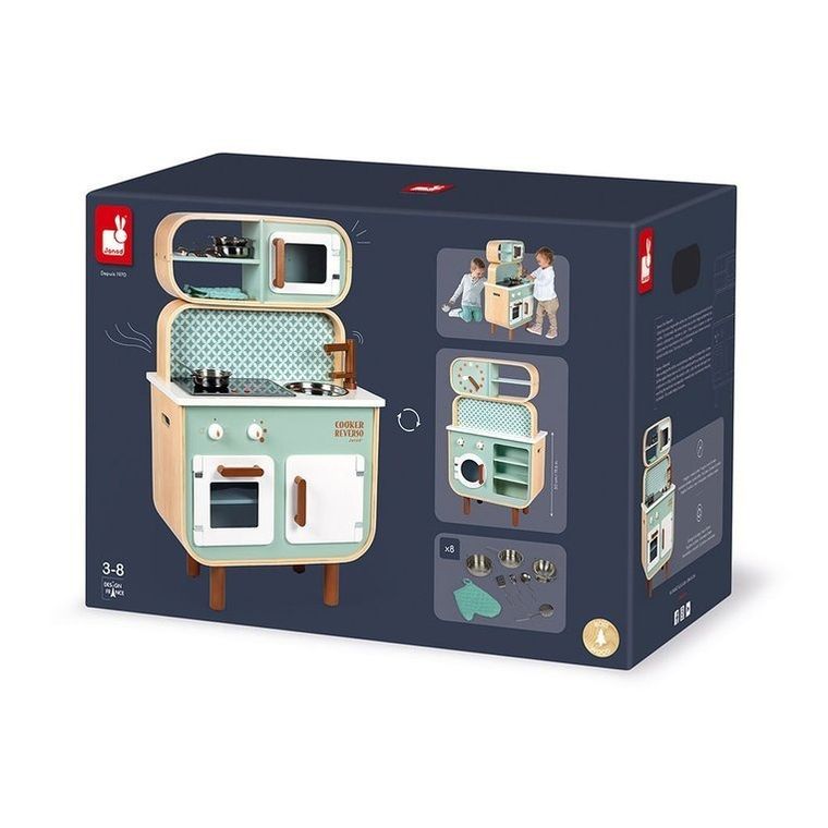 Janod, kuchnia z pralką, dwustronna, drewniana, 2w1, z dźwiękiem, światłem LED z 8 akcesoriami