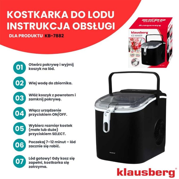 Klausberg, automatyczna kostkarka do lodu, 100W, 1,2l