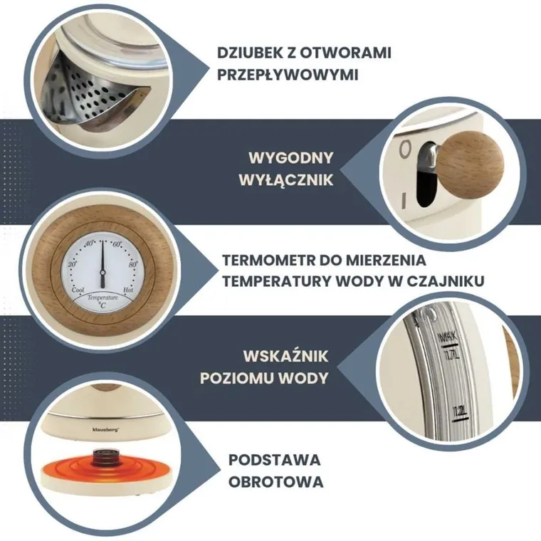 Klausberg, Retro, czajnik elektryczny, z termometrem, 1,7l, kb-9006