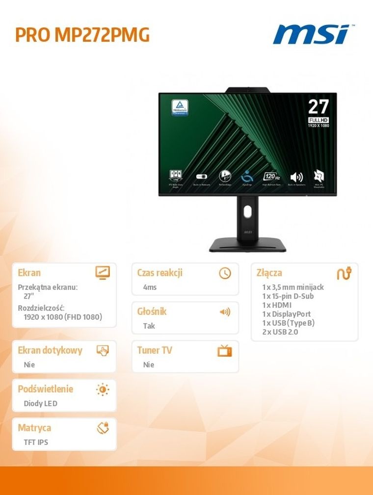 MSI, monitor, 27", PRO MP272PMG, LED, FHD, Flat, 120 Hz, czarny