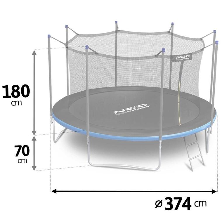 Neo-Sport, trampolina ogrodowa z siatką wewnętrzną i drabinką, 12ft/374 cm