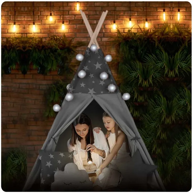 Nukido, namiot tipi dla dzieci z girlandą i światełkami, szary w gwiazdki