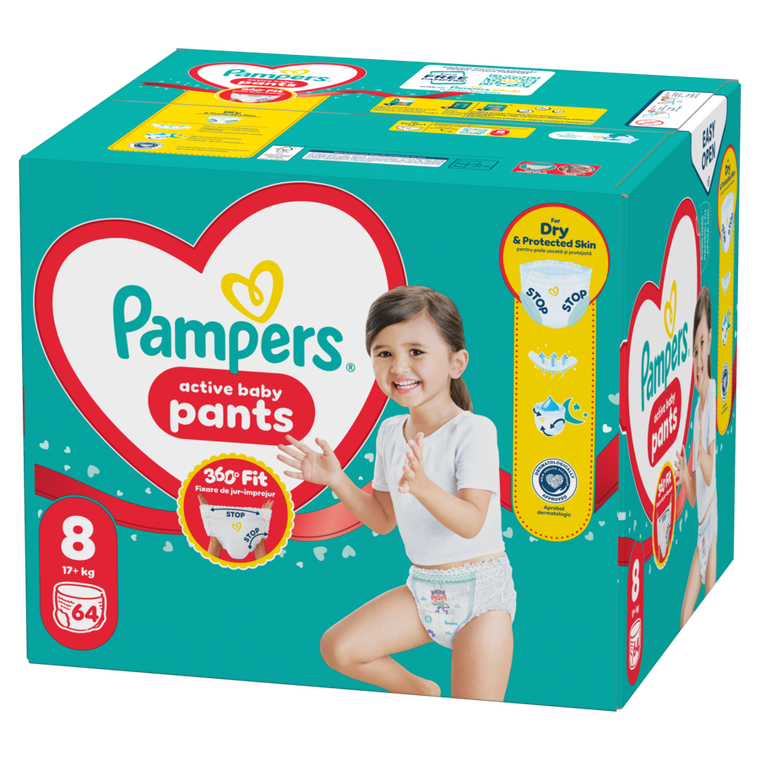 Pampers, Active Baby, pieluchomajtki, rozmiar 8, 17+ kg, 64 szt.