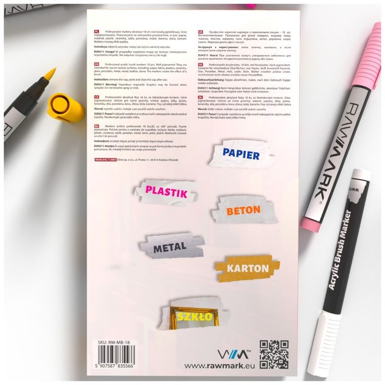 Rawmark, markery akrylowe brush, 18 kolorów