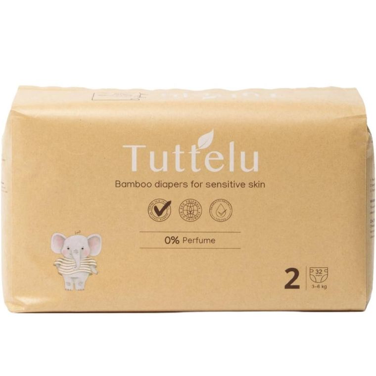 Tuttelu, bambusowe pieluszki jednorazowe, rozmiar 2, 3-6 kg, 32 szt.