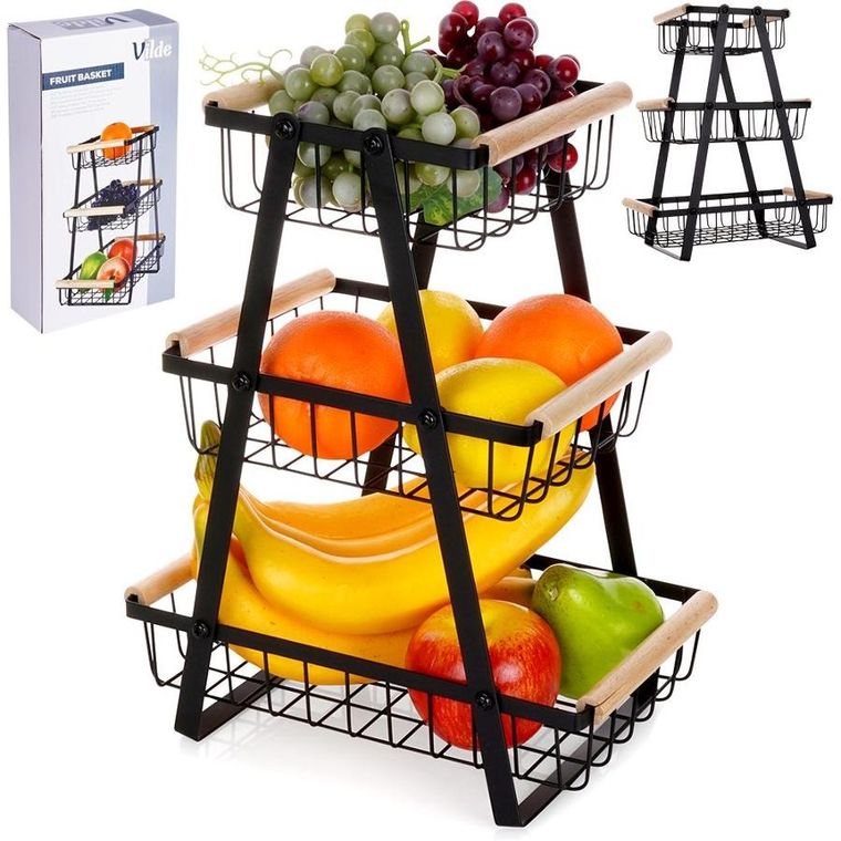 Vilde, koszyk na owoce, metalowy czarny, 3-poziomowy