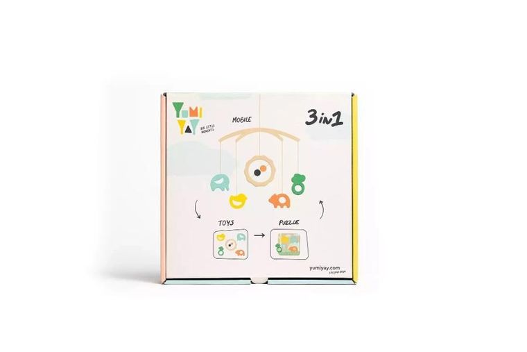 Yumi Yay, 3w1: karuzela nad łóżeczko, drewniane zabawki, układanka