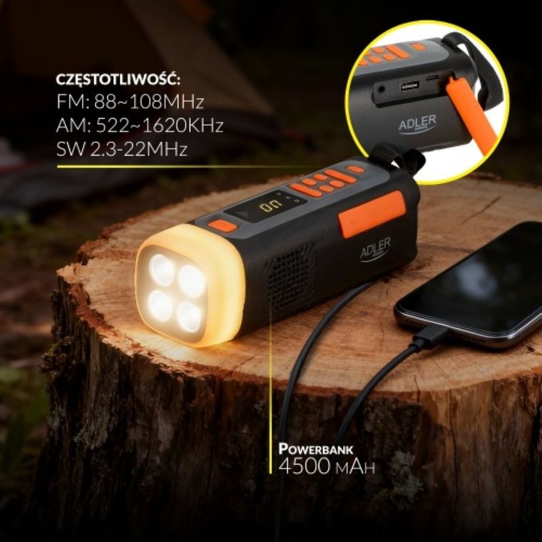 Adler, radio awaryjne, z panelem słonecznym, korbką, powerbankiem