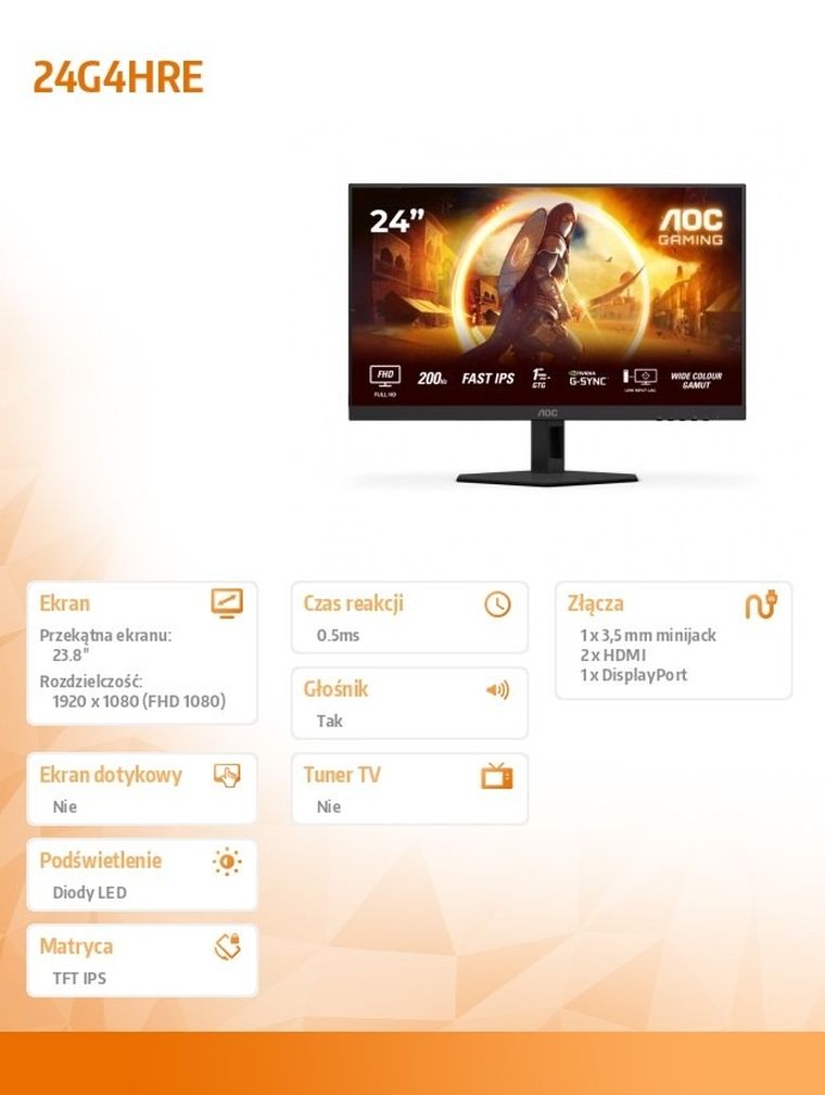 Aoc, monitor, 24G4HRE 23.8" Fast IPS 200Hz HDMIx2 DP