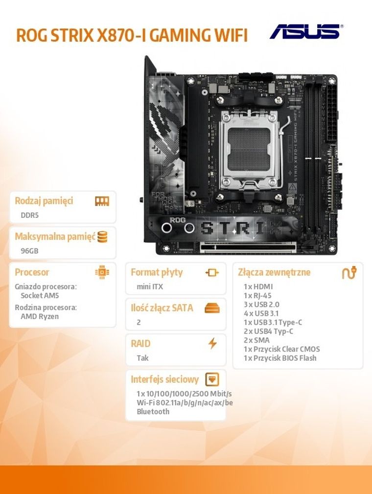 Asus, płyta główna, ROG STRIX X870-I GAMING WIFI AM5 2DDR5 HDMI/USBC