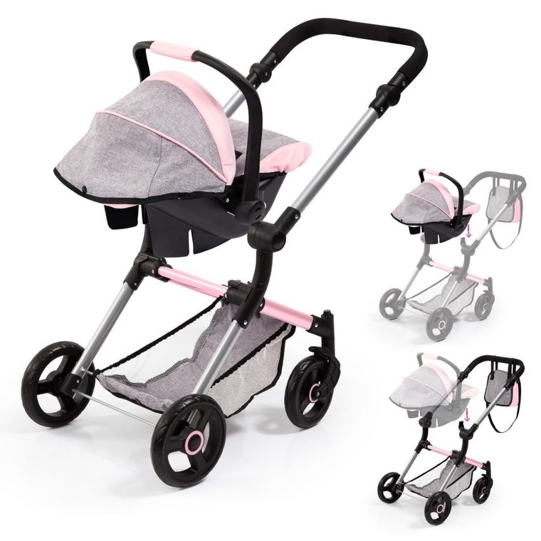 Bayer Design, Neo Vario Combi, głęboki wózek dla lalek z torbą, szaro-różowy i motylkiem