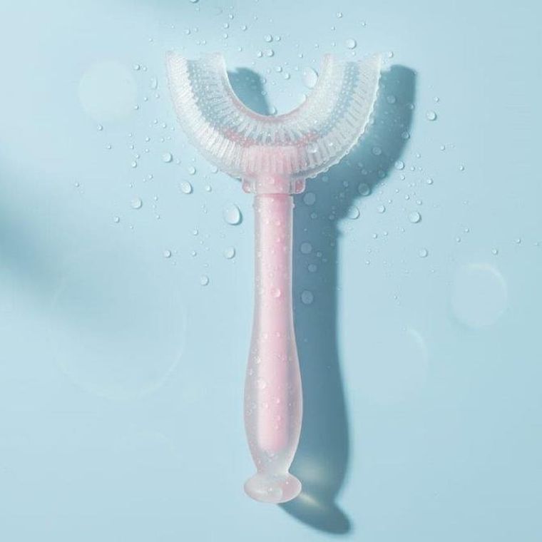 Bocioland, szczoteczka silikonowa w kształcie litery U do zębów, różowa