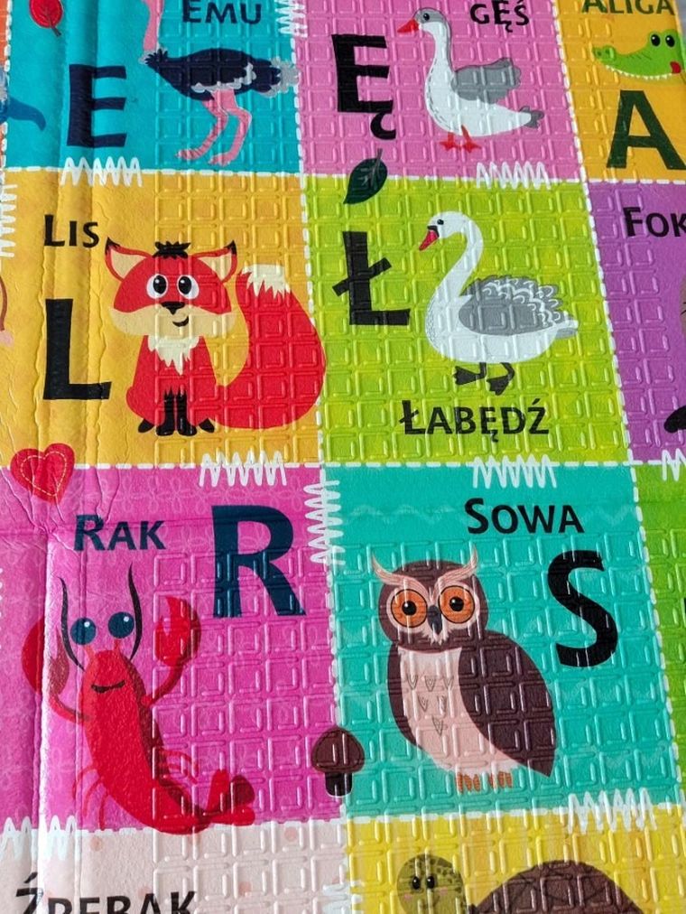 Humbi, dwustronna mata edukacyjna z pianki XPE, polski alfabet, kontrastowe obrazki, 120-180 cm