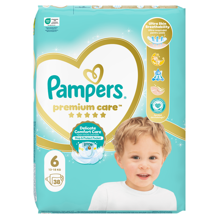 Pampers, Premium Care, pieluchy jednorazowe, rozmiar 6, 13+ kg, 38 szt.