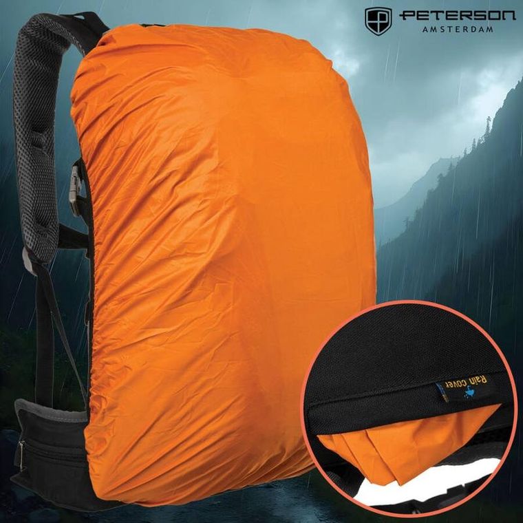 Plecak turystyczny z pokrowcem przeciwdeszczowym, czarny, Peterson