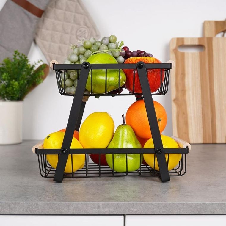 Vilde, koszyk na owoce, metalowy czarny, 2-poziomowy