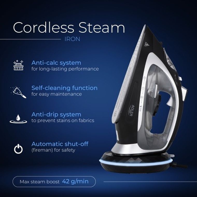 Adler, żelazko parowe, bezprzewodowe