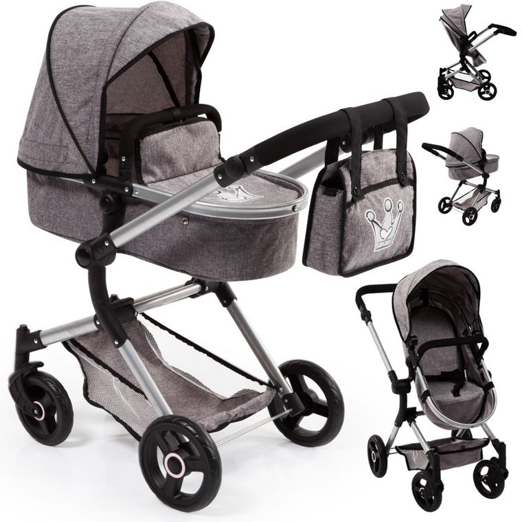 Bayer Design, Neo Vario Combi, głęboki wózek dla lalek z torbą, szary z koroną