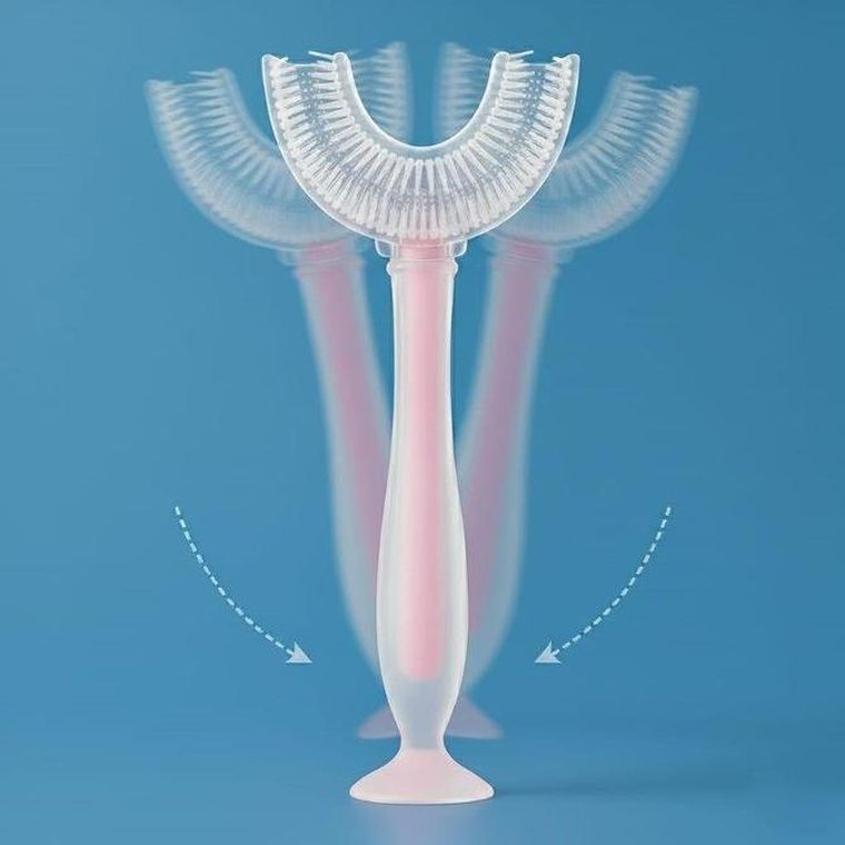 Bocioland, szczoteczka silikonowa w kształcie litery U do zębów, różowa