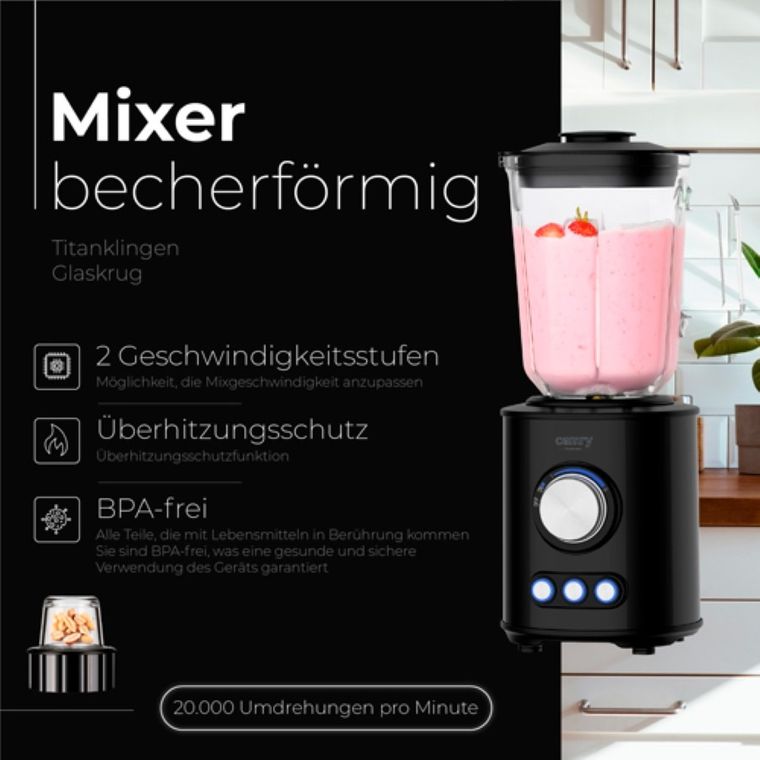 Camry, blender kielichowy, tytanowe ostrza, szklany dzbanek, 1,5l