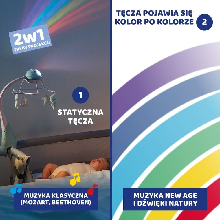 Chicco, First Dreams, karuzela do łóżeczka, 3w1, rainbow, niebieska