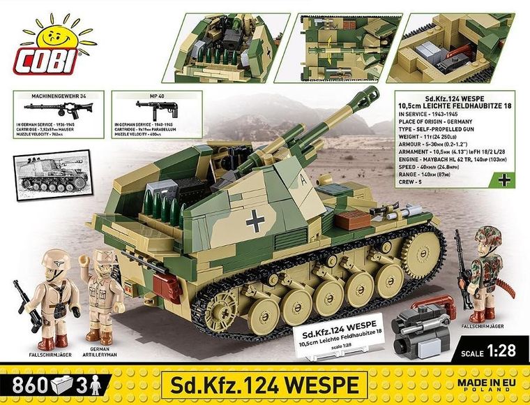 Cobi, Historical Collection WWII, SD.KFZ.124 Wespe, klocki, 860 elementów