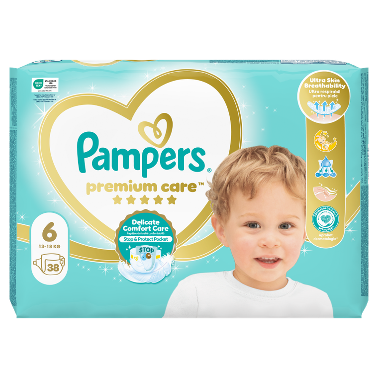 Pampers, Premium Care, pieluchy jednorazowe, rozmiar 6, 13+ kg, 38 szt.