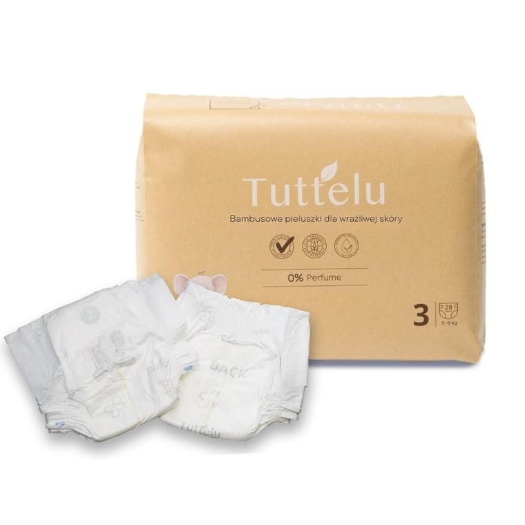 Tuttelu, bambusowe pieluszki jednorazowe, rozmiar 3, 5-9 kg, 28 szt.