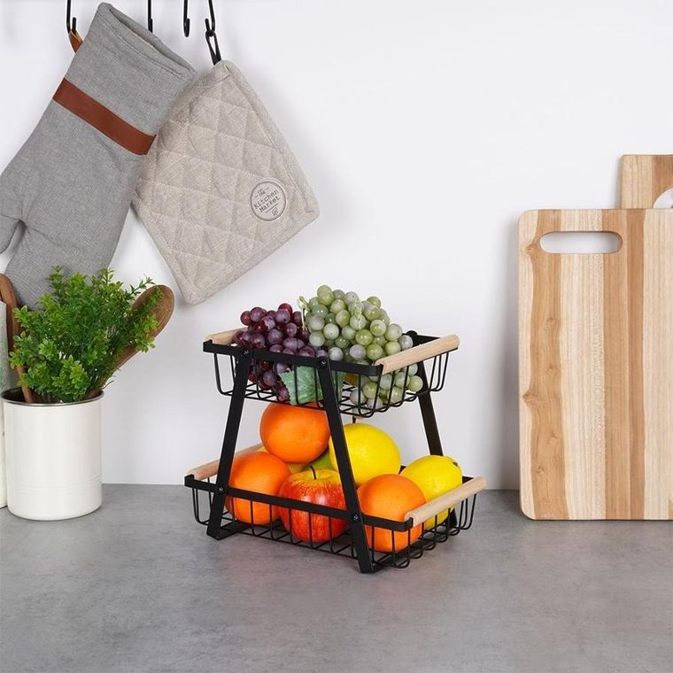 Vilde, koszyk na owoce, metalowy czarny, 2-poziomowy