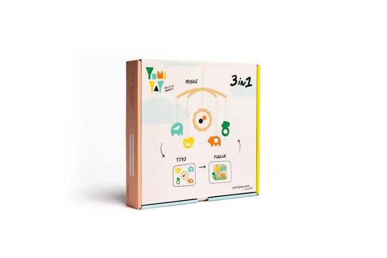 Yumi Yay, 3w1: karuzela nad łóżeczko, drewniane zabawki, układanka