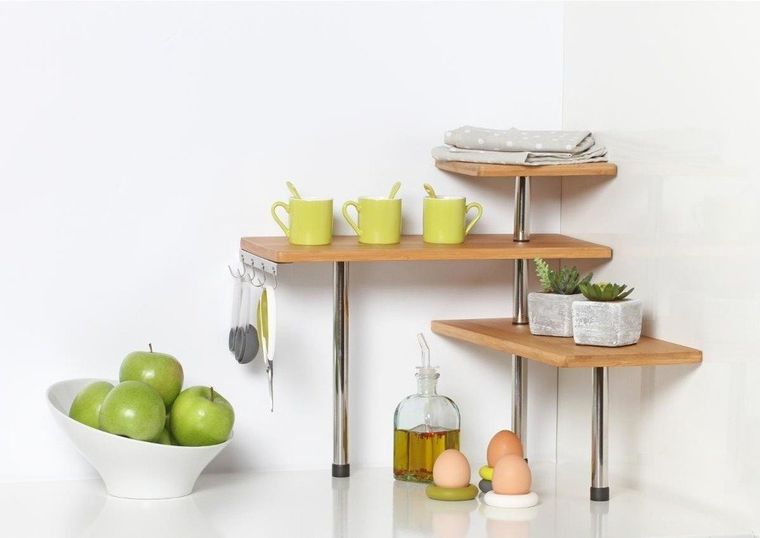 5five Simply Smart, narożna półka kuchenna, bambusowa, 3 poziomy, 4 haczyki