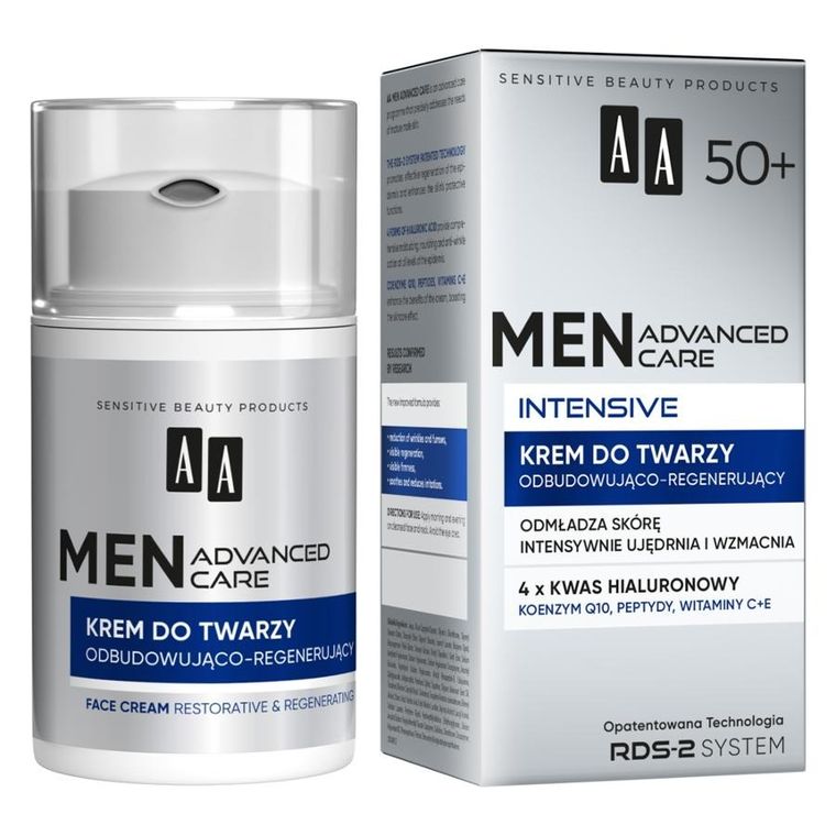 AA, Men Advanced Care Intensive 50+, krem do twarzy odbudowująco-regenerujący, 50 ml