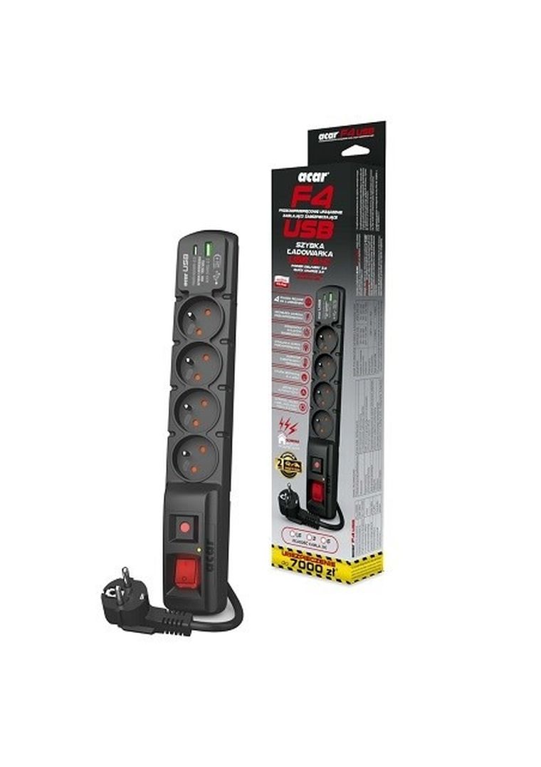 Acar, Listwa przeciwprzepięciowa, F4 USB A+C, szybka ładowarka, 5m, czarny