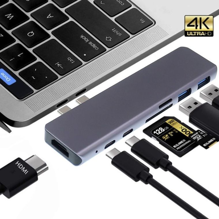 Adapter 7w1, HUB USB-C HDMI 4K SD Macbook Pro, Air, Szary