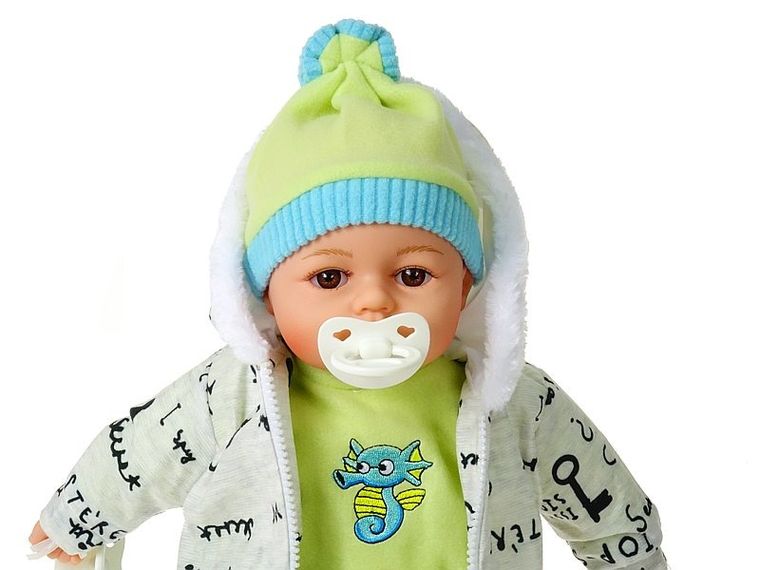 Adar, lalka bobas, niebiesko-szare ubranko, dźwięk, 45 cm