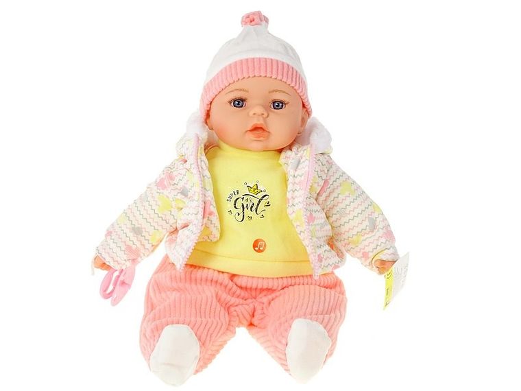 Adar, lalka bobas, w białej kurteczce ze wzorami, dźwięk, 45 cm