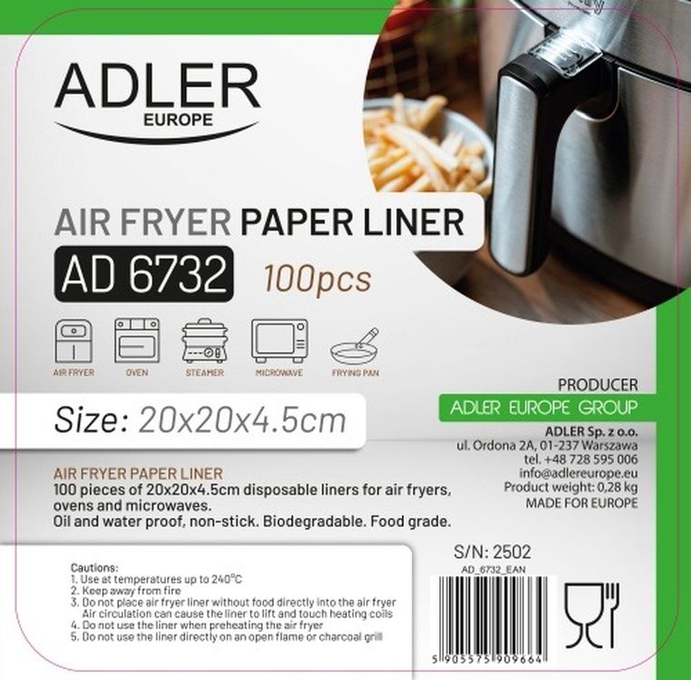 Adler, wkłady do frytkownicy, papierowe, 20 cm, 100 szt.