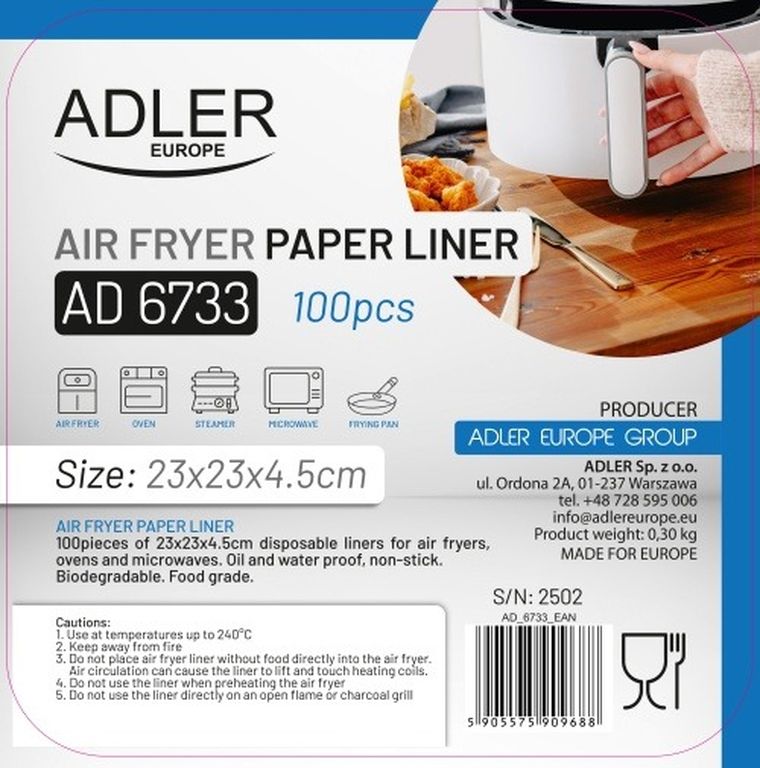 Adler, wkłady do frytkownicy, papierowe, 23 cm, 100 szt.